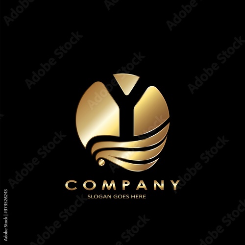 Gold Business Initial Y Logo Letter, Elegance Wave Wing Bird with negative space letter Y design concept.