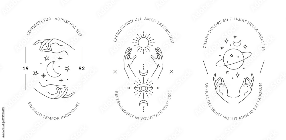 Fototapeta premium Boho hand drawn magic logos. Minimal bohemian mystic icons linear style, hands moon sun space esoteric symbols, simple vector tattoo