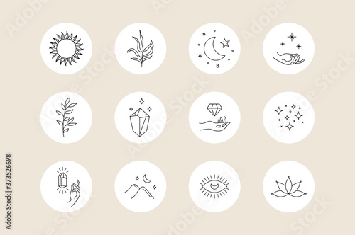 Social media highlight covers. Mystic set of boho minimal icons, simple bohemian hand drawn logo design. Vector illustration