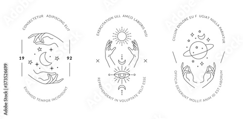 Boho hand drawn magic logos. Minimal bohemian mystic icons linear style, hands moon sun space esoteric symbols, simple vector tattoo