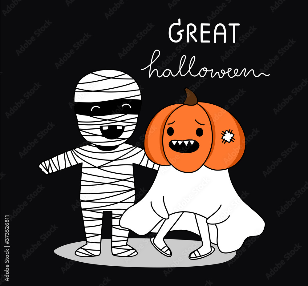 Cartoon of Great Halloween of Mummy and pumpkin ghost. Simple cute hand draw line vector and minimal icons flat style Character illustration.
Cartoon of Great Halloween of Mummy and pumpkin ghost. Simple cute hand draw line vector and minimal icons flat style Character illustration.