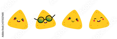 Set, collection of cute smiling nachos, tortilla chips characters for snacks or mexican food design.
