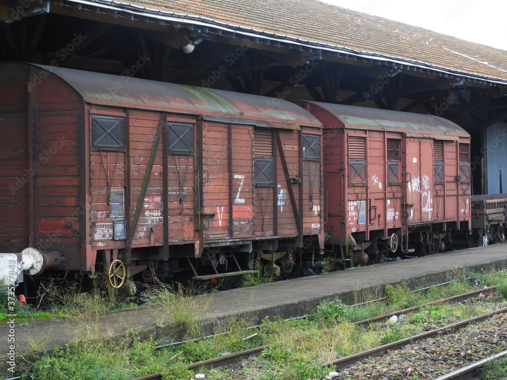 Fototapeta premium Old train cars in train station