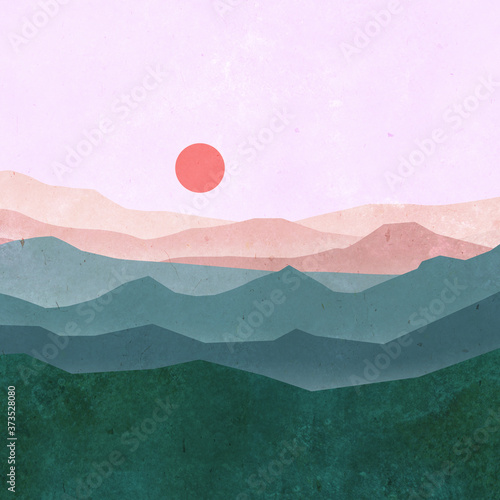 simply minimalism ladscapes. mountains, sea, sky. paper textured illustration