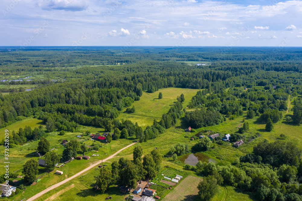 Maluevo village, Ivanovo region and Maluevskoe swamp surrounded by forest on a summer day.