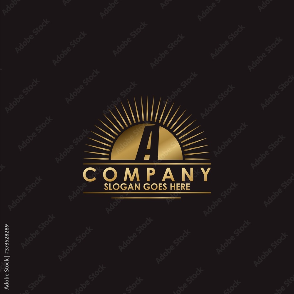 Naklejka premium Gold Sun Initial Letter A Logo vector design for business identity
