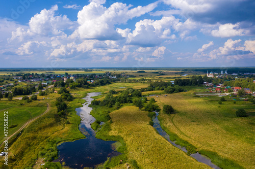 A beautiful view of the villages of Goritsy, Dunilovo and the Teza River, Ivanovo region on a summer day. photo