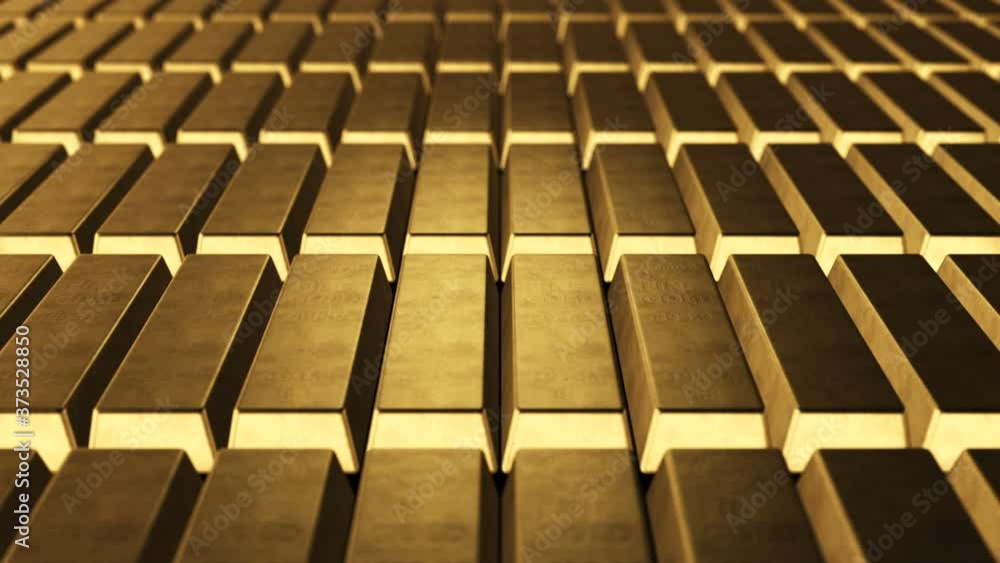 Camera moving over realistic golden bars rows with bright reflections. Shallow depth of field. Seamless loopable 3d animation. Camera moving over realistic golden bars rows with bright reflections. Shallow depth of field. Seamless loopable 3d animation.