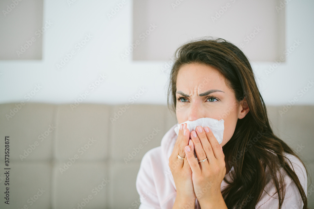 Sick beautiful female of corona virus in home carantine. Sick beautiful female of corona virus in home carantine.