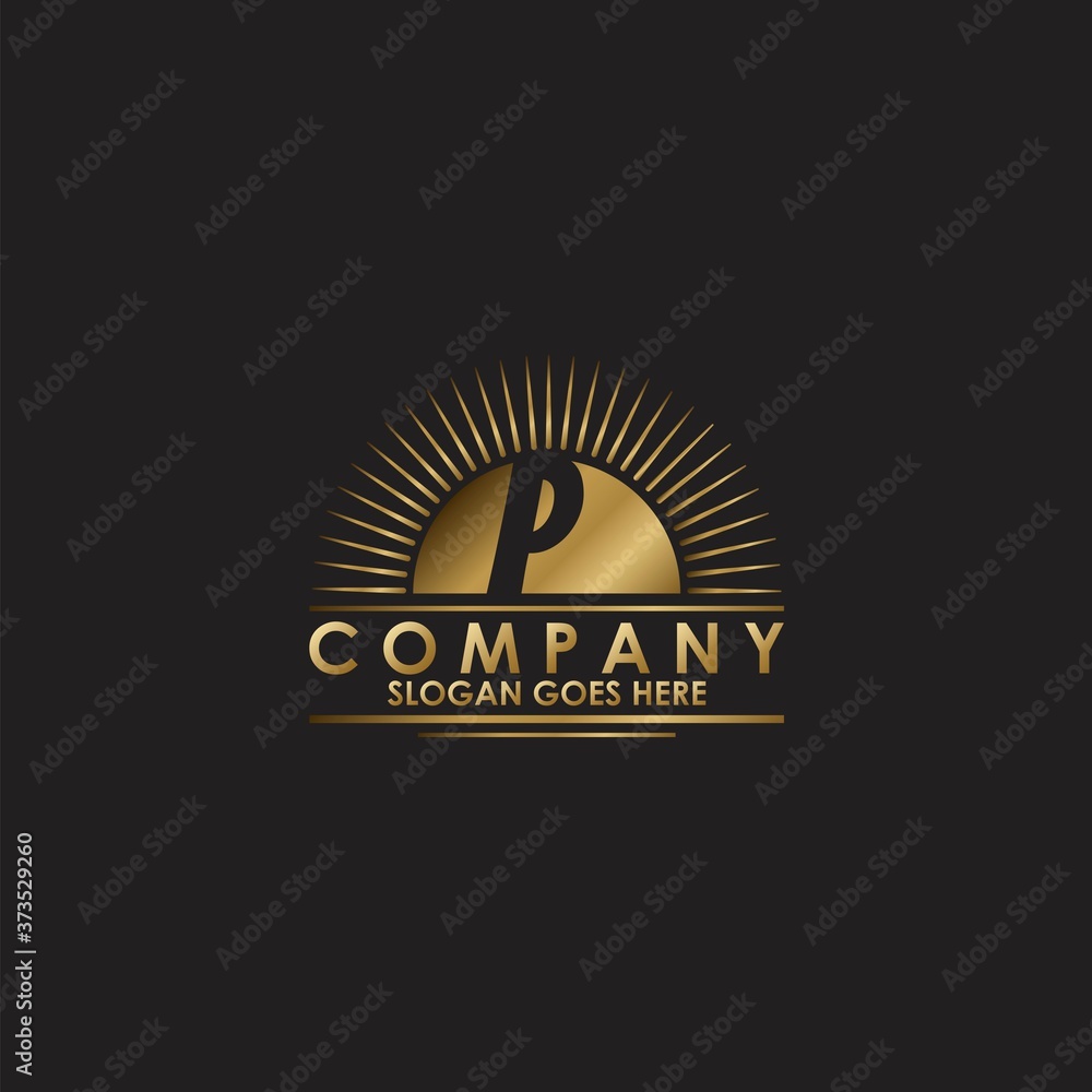 Fototapeta premium Gold Sun Initial Letter P Logo vector design for business identity