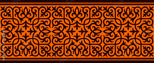 Strip of plant patterns. Ethno style. Kazakh ornaments. Horizontal patterned design. Traditional patterns of Kazakhs. Ancient Turkic ornaments. Traditions of Kazakhstan. Decorative art of nomads.