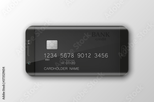 Banner smartphone & credit card image. Advertising promo poster phone & bank card icon. Communicator PDA plastic card. Mobile banking. Electronic funds transfer. Hendy payments. illustration
