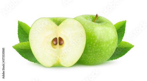 Isolated apples. One green apple and a half isolated on white background