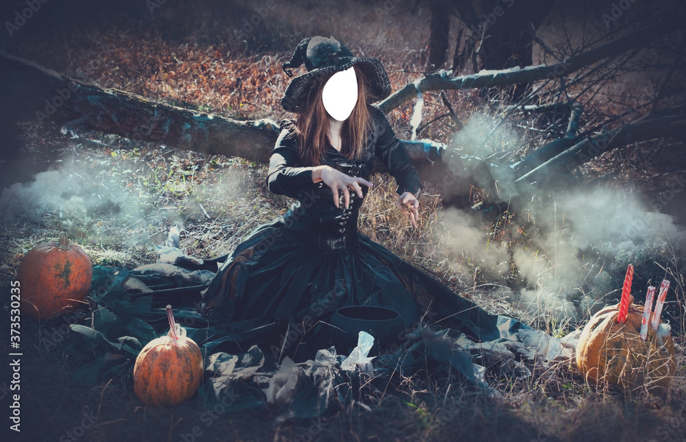 Halloween decorative holiday. The sorceress hid her face behind an oval. Withered nature - obrazy, fototapety, plakaty 