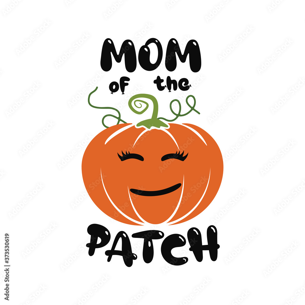 Happy Halloween emblem logo design. Holiday poster with pumpin and text - Mom of the patch. Vector halloween badge illustration isolated Happy Halloween emblem logo design. Holiday poster with pumpin and text - Mom of the patch. Vector halloween badge illustration isolated
