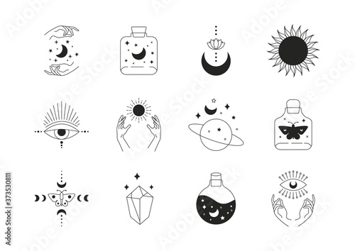Boho doodle magic set. Mystic simple hand drawn logo icons with snake crystal eye sun lotus moon. minimal fine line tattoo. Abstract vector illustration