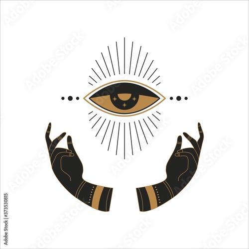 Boho doodle mystic template. Hand drawn esoteric magic hands with moon eye, simple feminine logo design. Vector illustration