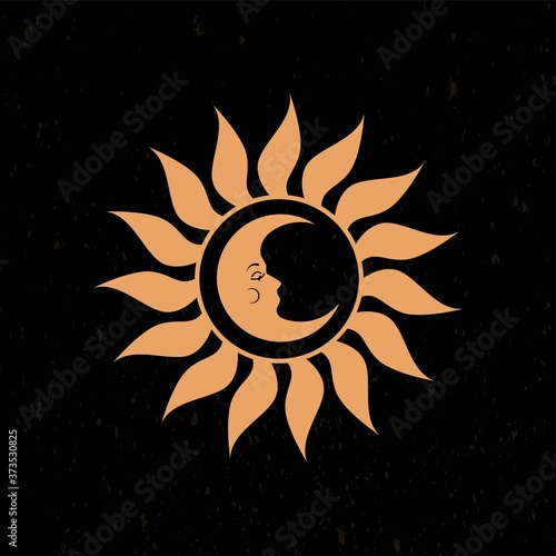 Boho dreamy moon sun symbols. Abstract hand drawn mystic celestial logo, magic esoteric solar sign. Vector illustration