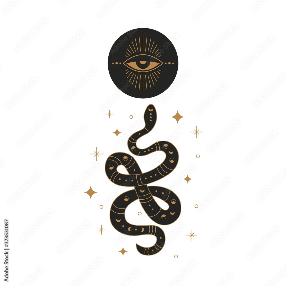 Boho mystic snake design. Abstract hand drawn esoteric serpent icon ...