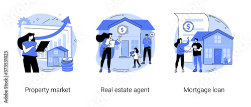 Buying property abstract concept vector illustration set. Property market, real estate agent, mortgage loan, new appartment, property investment, bank credit, down payment, pay off abstract metaphor.