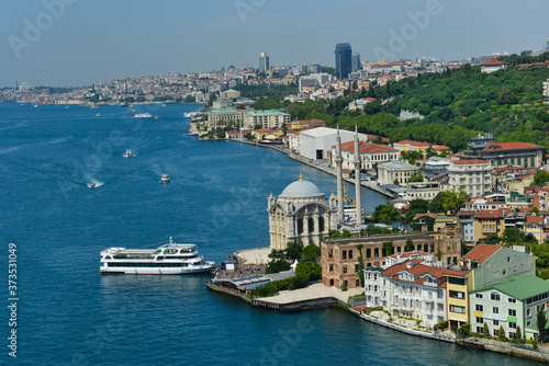 Istanbul cityscape, including Besiktas District and Ortakoy Mosque and passenger boats - Istanbul, Turkey 