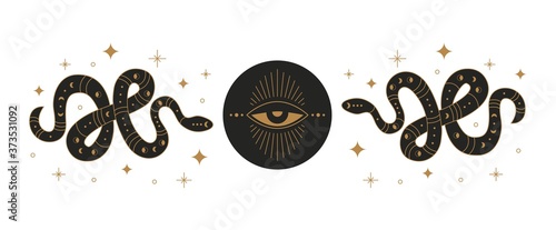 Boho mystic snake design. Abstract hand drawn esoteric serpent icon  golden elements with moon eye, occult egypt style. Vector illustration photo