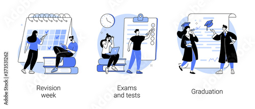 School and college activity abstract concept vector illustration set. Revision week, exams and tests, graduation, exam timetable, stress and anxiety, academic degree, form sheet abstract metaphor.