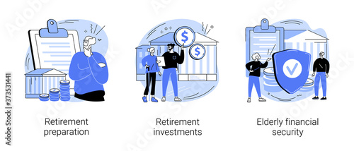 Retirement financial planning abstract concept vector illustration set. Retirement preparation, investments and elderly financial security, retiree budget, pension account, seniors abstract metaphor.