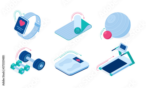 Home sport workout equipment and gadgets isometric vector icons. Barbells, sports exercise treadmill, yoga mat, smart watch with app, weight scales and fit ball isolated on white background 3d set