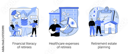 Retiree budget plan abstract concept vector illustration set. Financial literacy of retirees, healthcare expenses, retirement estate planning, health insurance plan, law advisor abstract metaphor.