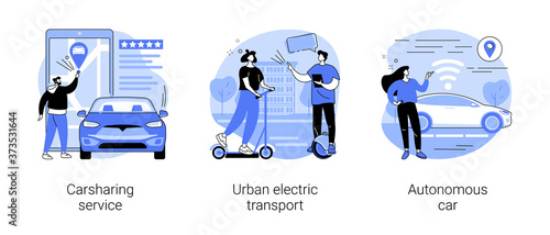 Urban transportation abstract concept vector illustration set. Carsharing service, urban electric transport, autonomous car, rental service, city lifestyle, self-driving vehicle abstract metaphor. photo