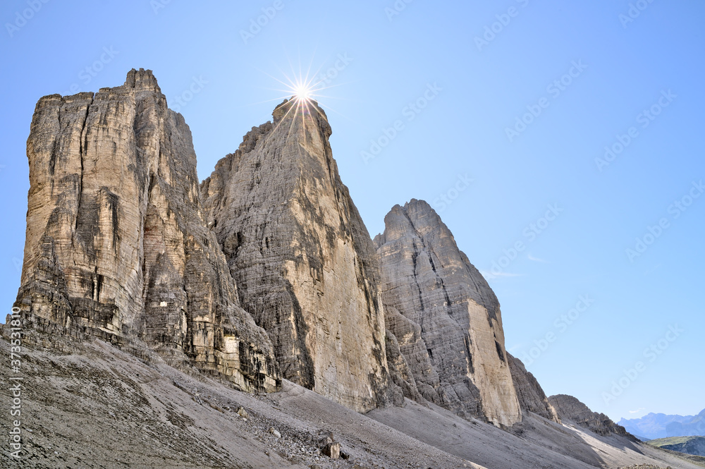 View at the Three peaks of Lavaredo (Drei Zinnen or Tre Cime di Lavaredo) in the Sexten Dolomites National Park