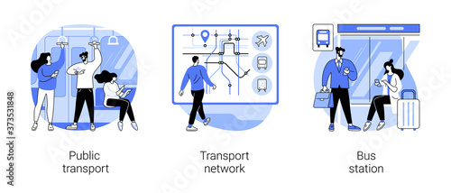 Urban transportation abstract concept vector illustration set. Public transport, transport network, bus station, buy ticket, car traffic, smart city, rush hour, passenger abstract metaphor.