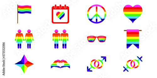 Vector illustration set of LGBTQ icons, LGBTQ day, gay pride month, LGBTQ rainbow colors icons, flag, calendar, peace symbol, heart, lesbian couple, gay couple, goggle, banner, star, couple hands