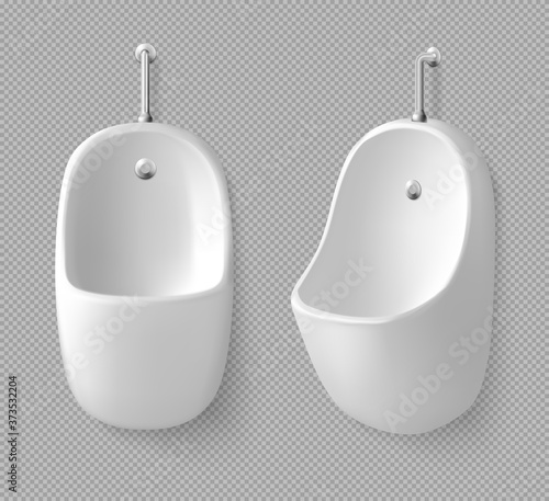 Ceramic wall urinal in male toilet front and side view. Equipment for public restroom for men, white pissoir washroom, lavatory, WC plumbing isolated on transparent background realistic 3d vector icon