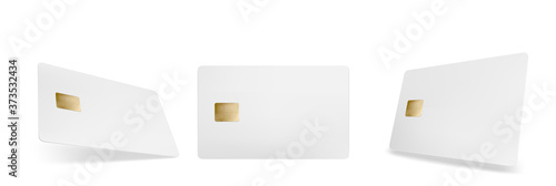 Credit card mockup, isolated blank template with chip on white background. Plastic mock up for business identity and branding presentation, payment financial tool, Realistic 3d vector illustration