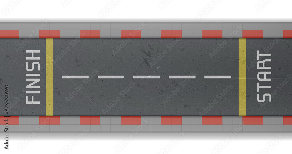 Top view of race track with start and finish line. Vector realistic illustration of empty asphalt road for car rally and speed racing. Speedway for motor sport competition