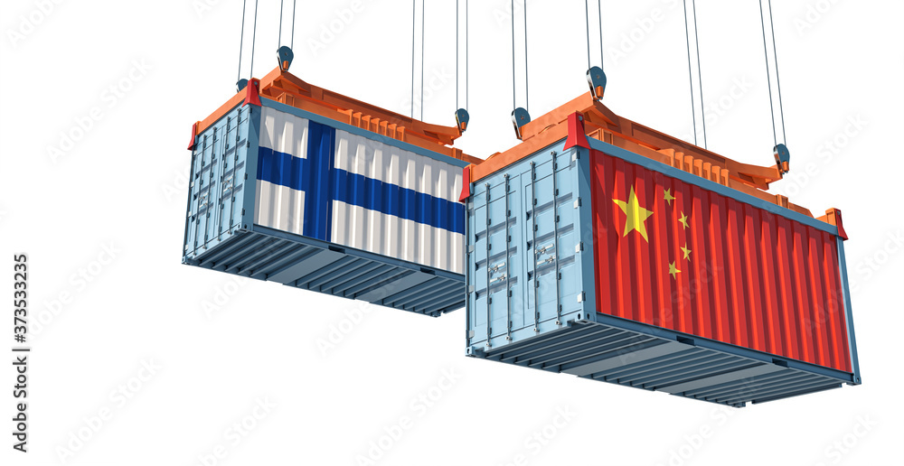 Freight containers with China and Finland flag. 3D Rendering Freight containers with China and Finland flag. 3D Rendering