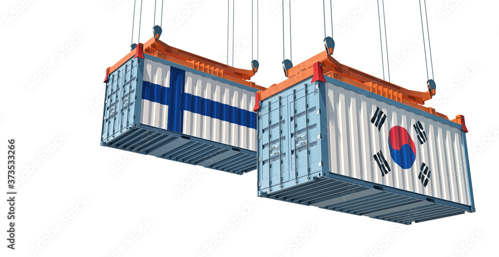 Freight containers with South Korea and Finland flag. 3D Rendering Freight containers with South Korea and Finland flag. 3D Rendering