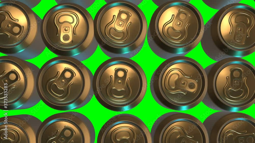 Camera moving over golden metal cans for drinks - beer or soda. Perfect background for beverage manufacturing and nutrition business. 3d seamless loopable animation Camera moving over golden metal cans for drinks - beer or soda. Perfect background for beverage manufacturing and nutrition business. 3d seamless loopable animation