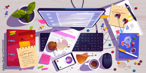 Messy workplace top view, clutter office desk, work space with mess spilled coffee, crumbled muffin and document around laptop. Mobile headset and task list with candies, Cartoon vector illustration