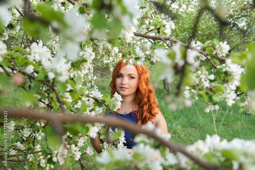Red-haired girl sniffing flowers in an apple orchard in an blue dress Red-haired girl sniffing flowers in an apple orchard in an blue dress