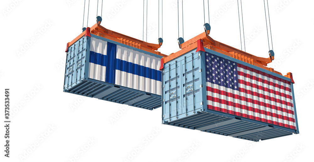 Freight containers with USA and Finland flag. 3D Rendering 