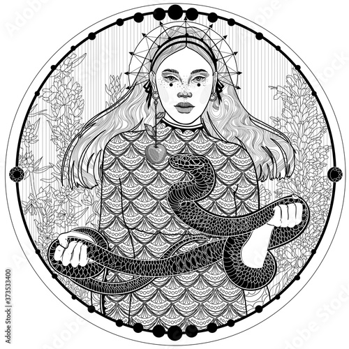 black and white drawing A girl holds a snake in her arms, a snake reaches for an apple