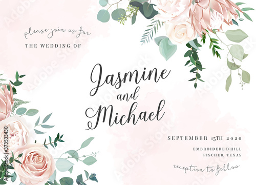 Silver sage and blush pink flowers vector design frame