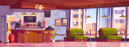 Cafe interior with coffee machine at cashier desk, refrigerator, chalkboard menu, tables with couches, bar and chairs. Empty cafeteria with furniture, restaurant court. Cartoon vector illustration