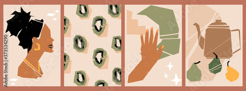 Set of abstract posters with torn paper elements. Collage of various cut out paper shapes. Backgrounds with a fashion woman silhouette, kiwi, manicure. Still life with a teapot and pears.