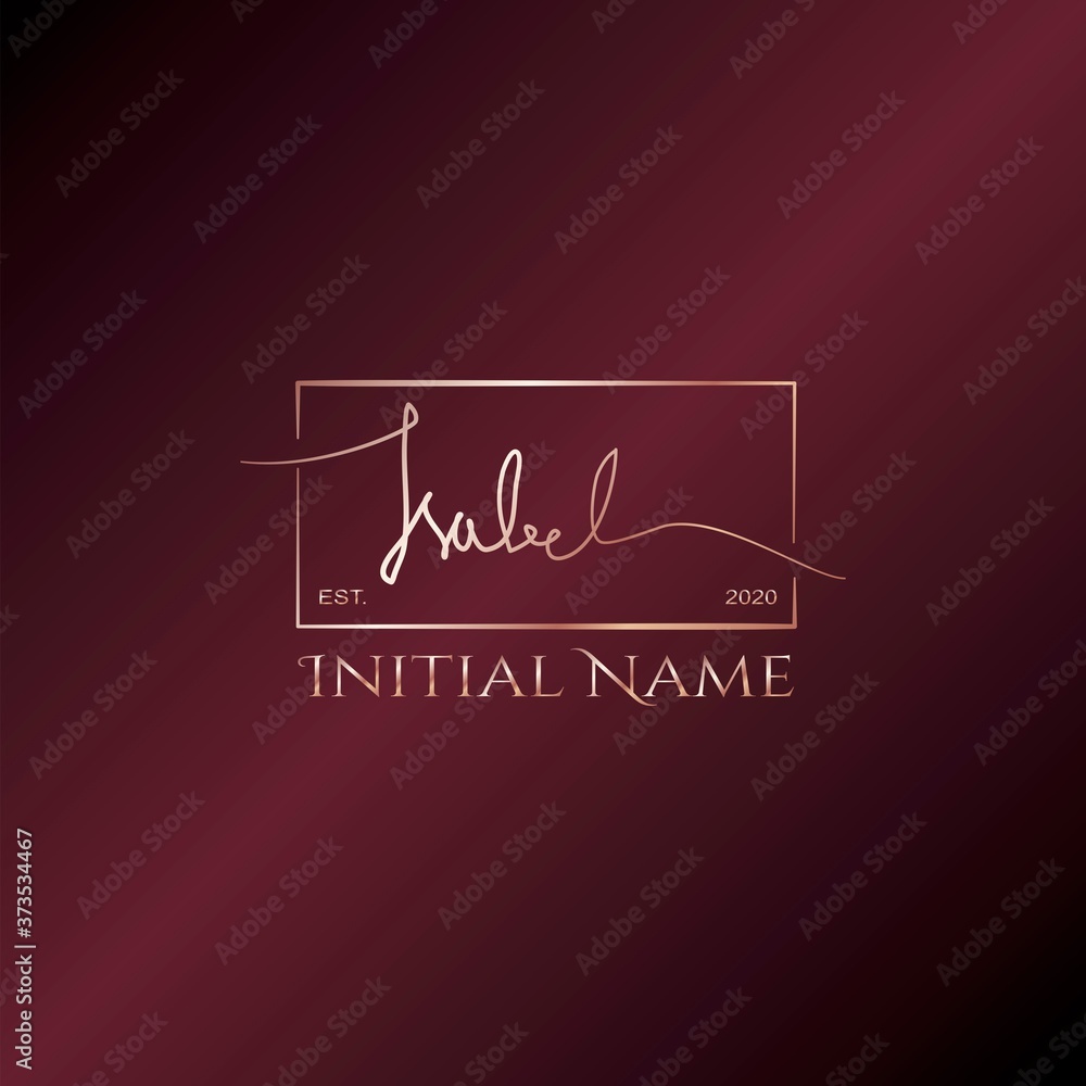 Obraz premium Isabel Gold Rose Beauty Initial letter logo sign. Handwriting calligraphic girl name signature logo design.