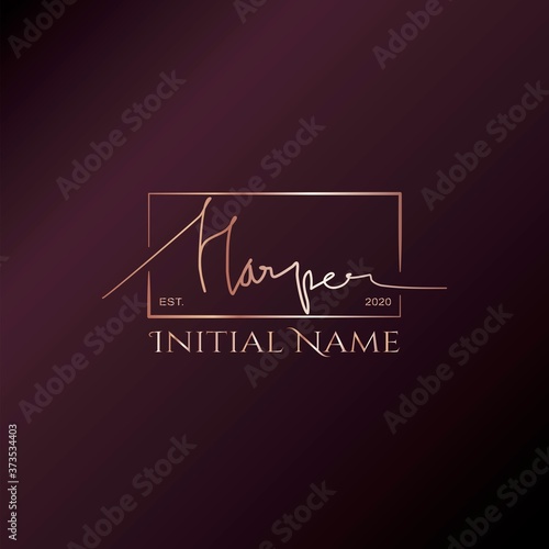 Harper Gold Rose Beauty Initial letter logo sign. Handwriting calligraphic girl name signature logo design.