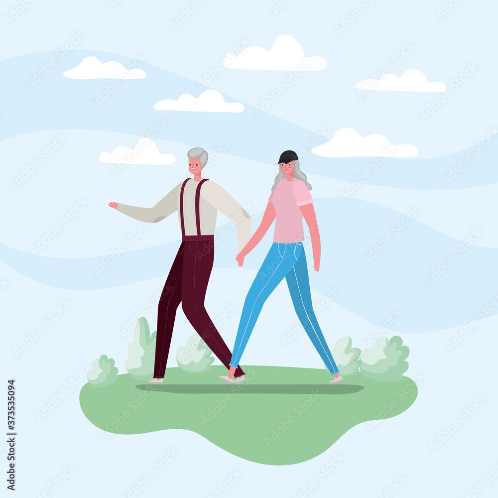 Senior woman and man cartoons walking at park design, Activity theme Vector illustration Senior woman and man cartoons walking at park design, Activity theme Vector illustration